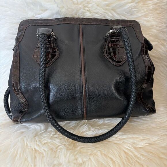 Brighton Black Crocodile Embossed Leather Satchel Bag Medium Top Handle Women's